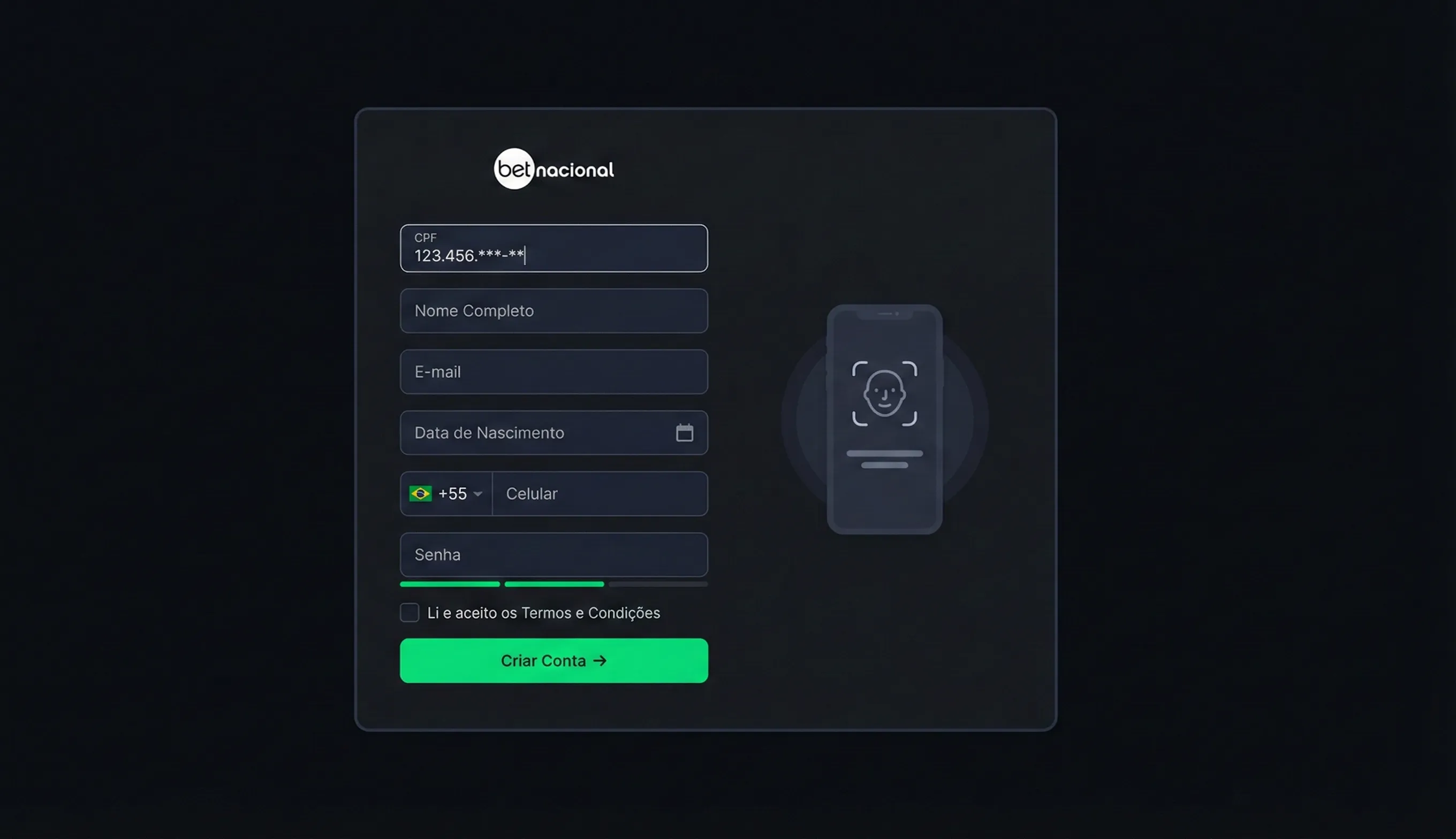 Formulário de cadastro Betnacional com campos de CPF, nome e e-mail